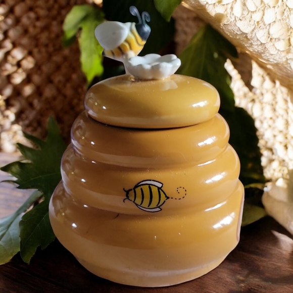 Vtg Honey Miel BEEHIVE Ceramic Jar Pot Bumblebee Bee Daisy Wood Spoon Dipper - Picture 4 of 8